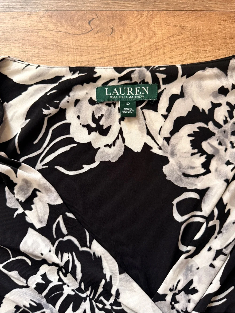 Ralph Lauren Black & White Floral Faux-Wrap Long Sleeve Dress